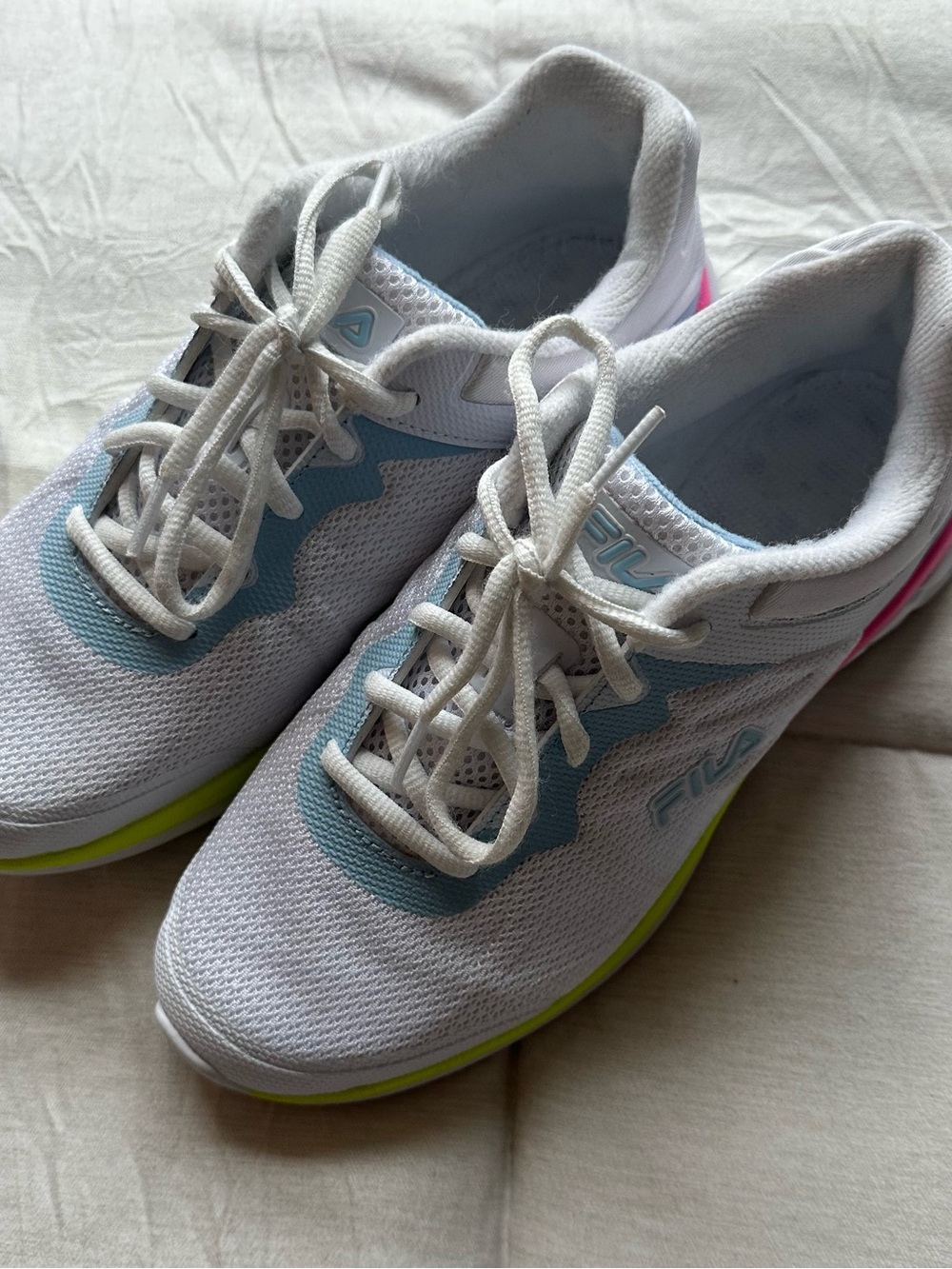 FILA White Mesh Athletic Sneakers with Light Blue and Neon Accents